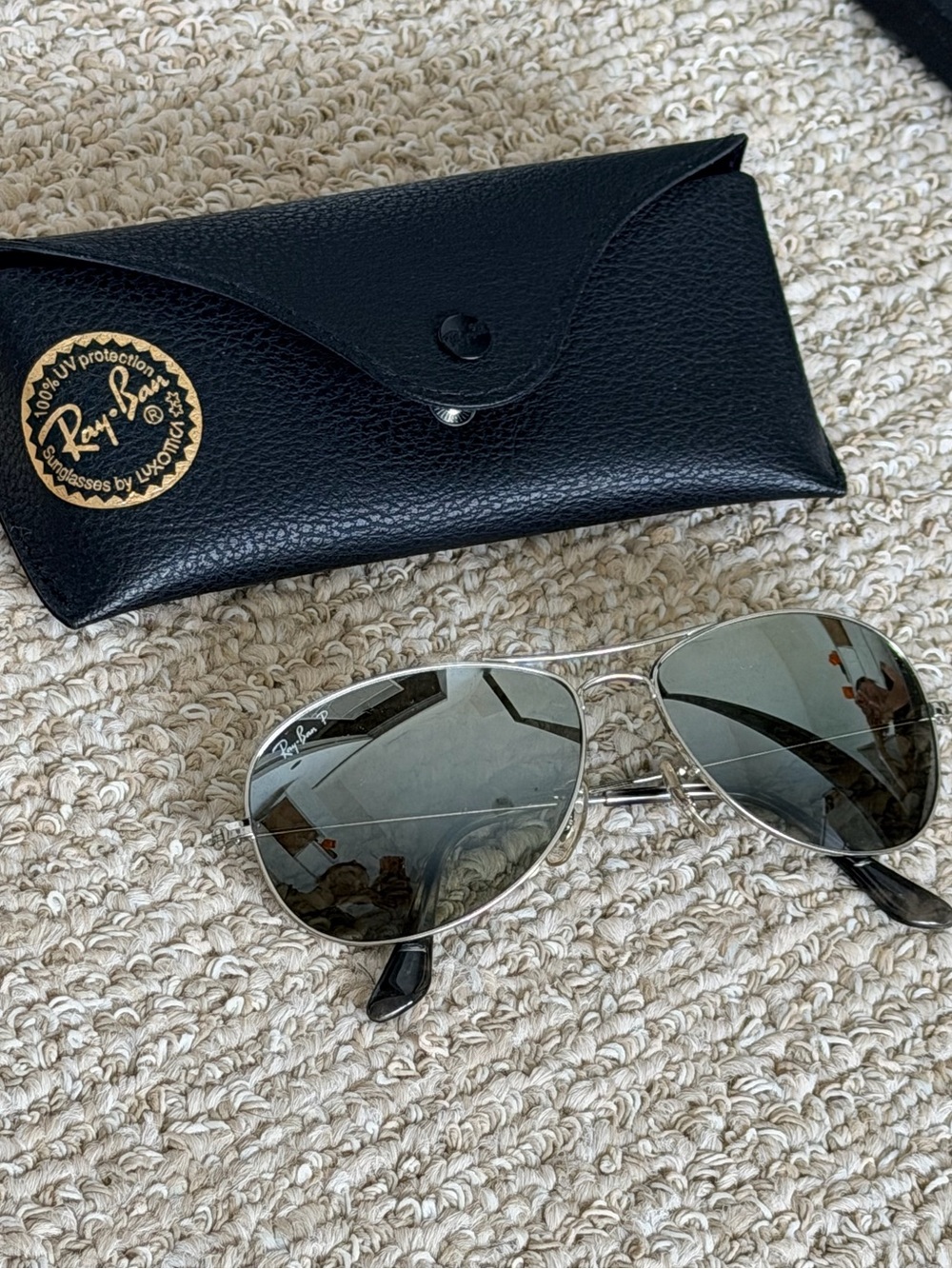 Ray-Ban Silver Aviator Sunglasses with Green Lenses